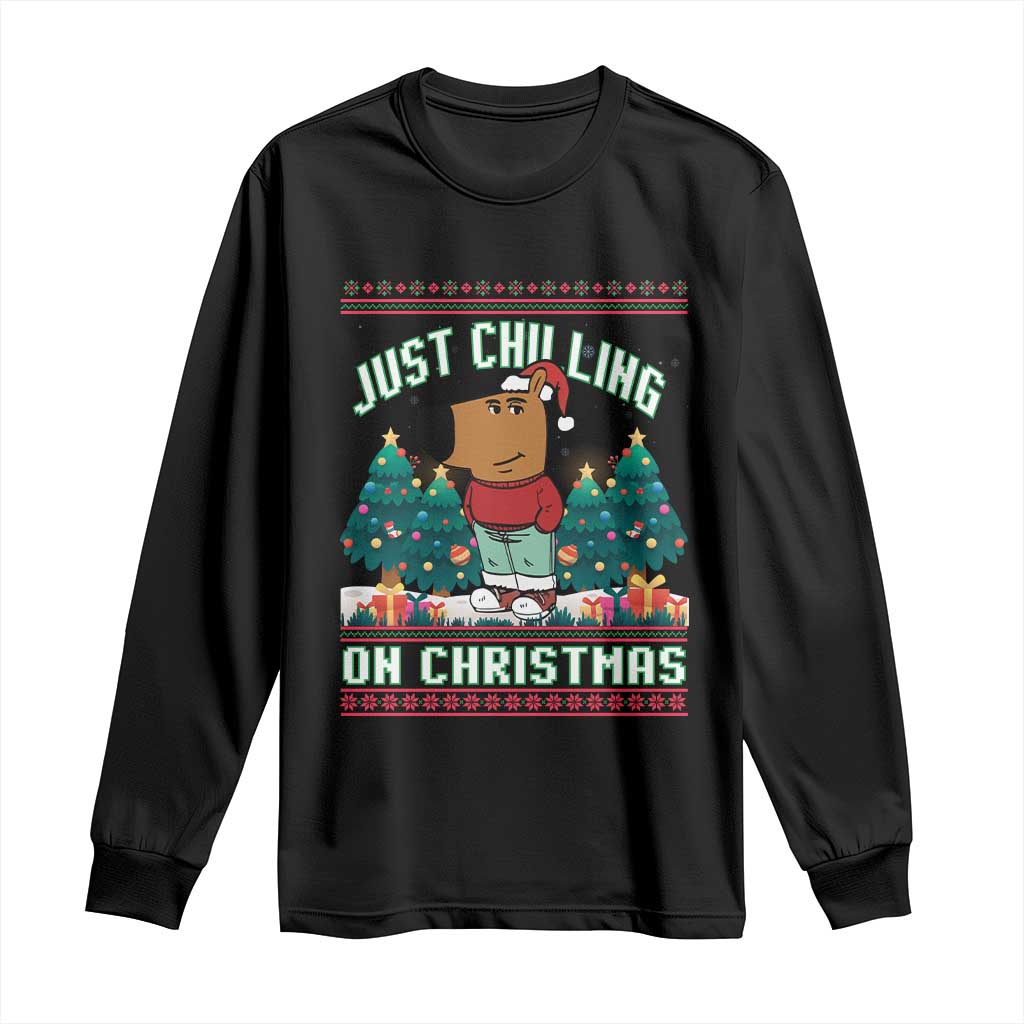 Funny Chillin Guy Just Chilling On Christmas Viral Meme Long Sleeve Shirt TS09 Black Print Your Wear