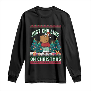 Funny Chillin Guy Just Chilling On Christmas Viral Meme Long Sleeve Shirt TS09 Black Print Your Wear