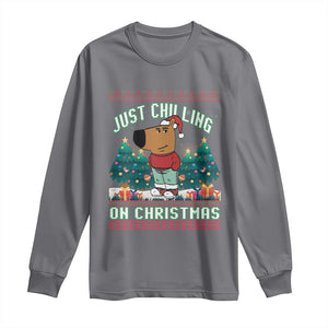 Funny Chillin Guy Just Chilling On Christmas Viral Meme Long Sleeve Shirt TS09 Charcoal Print Your Wear