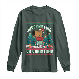 Funny Chillin Guy Just Chilling On Christmas Viral Meme Long Sleeve Shirt TS09 Dark Forest Green Print Your Wear