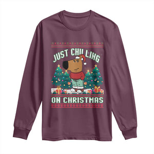 Funny Chillin Guy Just Chilling On Christmas Viral Meme Long Sleeve Shirt TS09 Maroon Print Your Wear