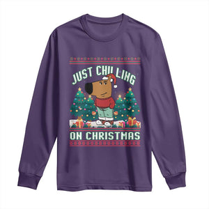 Funny Chillin Guy Just Chilling On Christmas Viral Meme Long Sleeve Shirt TS09 Purple Print Your Wear