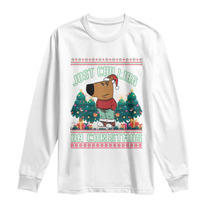 Funny Chillin Guy Just Chilling On Christmas Viral Meme Long Sleeve Shirt TS09 White Print Your Wear