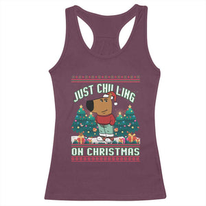 Funny Chillin Guy Just Chilling On Christmas Viral Meme Racerback Tank Top TS09 Maroon Print Your Wear