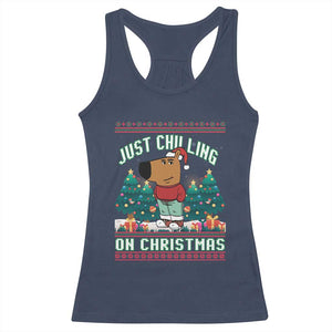 Funny Chillin Guy Just Chilling On Christmas Viral Meme Racerback Tank Top TS09 Navy Print Your Wear