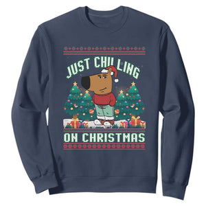 Funny Chillin Guy Just Chilling On Christmas Viral Meme Sweatshirt TS09 Navy Print Your Wear