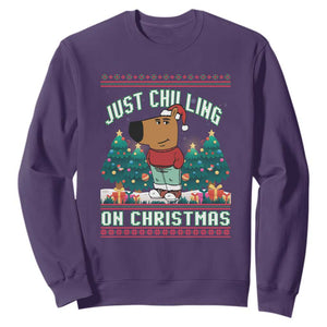 Funny Chillin Guy Just Chilling On Christmas Viral Meme Sweatshirt TS09 Purple Print Your Wear