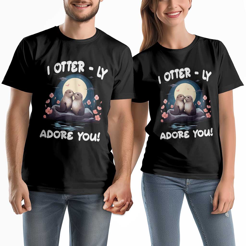 Valentine's Day Couple Matching T Shirt I Otterly Adore You Cute Otter Holding Hand Kisses TS09 Black Print Your Wear