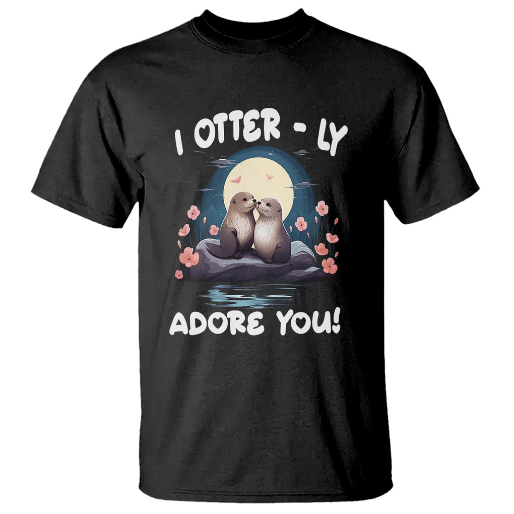 Valentine's Day T Shirt I Otterly Adore You Cute Otter Holding Hand Kisses TS09 Black Printyourwear