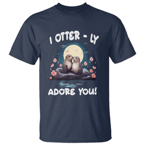 Valentine's Day T Shirt I Otterly Adore You Cute Otter Holding Hand Kisses TS09 Navy Printyourwear