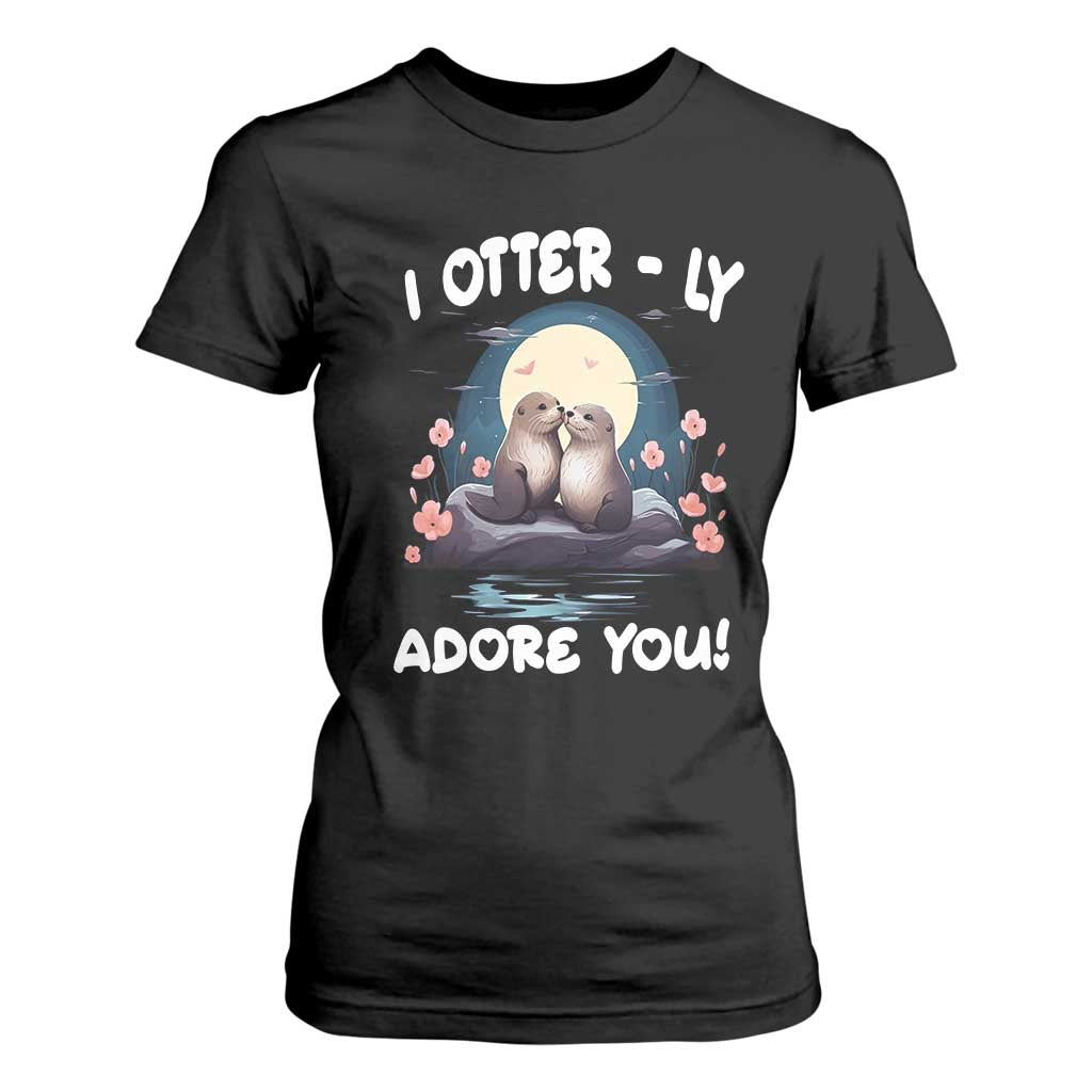 Valentine's Day T Shirt For Women I Otterly Adore You Cute Otter Holding Hand Kisses TS09 Black Print Your Wear