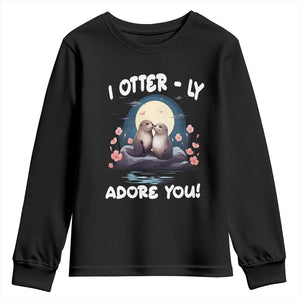 Valentine's Day Youth Sweatshirt I Otterly Adore You Cute Otter Holding Hand Kisses TS09 Black Print Your Wear