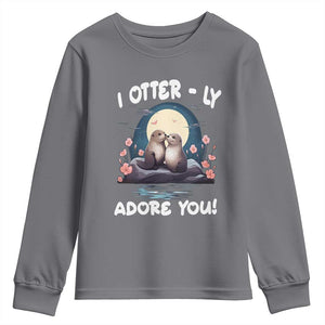 Valentine's Day Youth Sweatshirt I Otterly Adore You Cute Otter Holding Hand Kisses TS09 Charcoal Print Your Wear