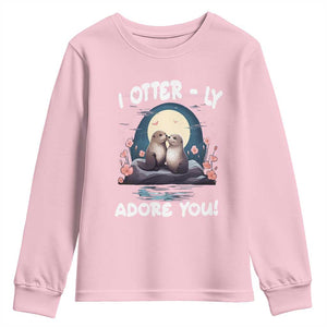 Valentine's Day Youth Sweatshirt I Otterly Adore You Cute Otter Holding Hand Kisses TS09 Light Pink Print Your Wear