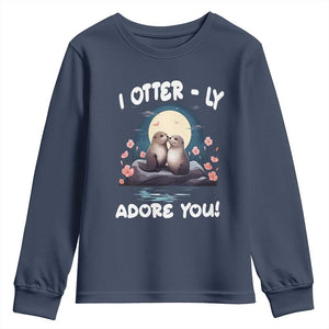 Valentine's Day Youth Sweatshirt I Otterly Adore You Cute Otter Holding Hand Kisses TS09 Navy Print Your Wear