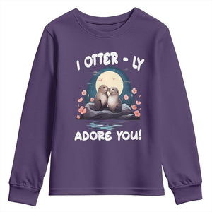 Valentine's Day Youth Sweatshirt I Otterly Adore You Cute Otter Holding Hand Kisses TS09 Purple Print Your Wear