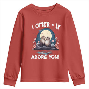 Valentine's Day Youth Sweatshirt I Otterly Adore You Cute Otter Holding Hand Kisses TS09 Red Print Your Wear