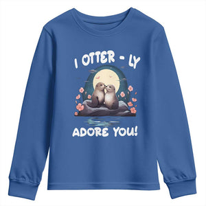 Valentine's Day Youth Sweatshirt I Otterly Adore You Cute Otter Holding Hand Kisses TS09 Royal Blue Print Your Wear