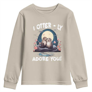 Valentine's Day Youth Sweatshirt I Otterly Adore You Cute Otter Holding Hand Kisses TS09 Sand Print Your Wear