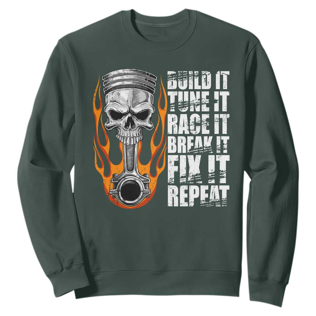 Racing Car Sweatshirt Build It Tune It Race It Break It TS09 Dark Forest Green Print Your Wear