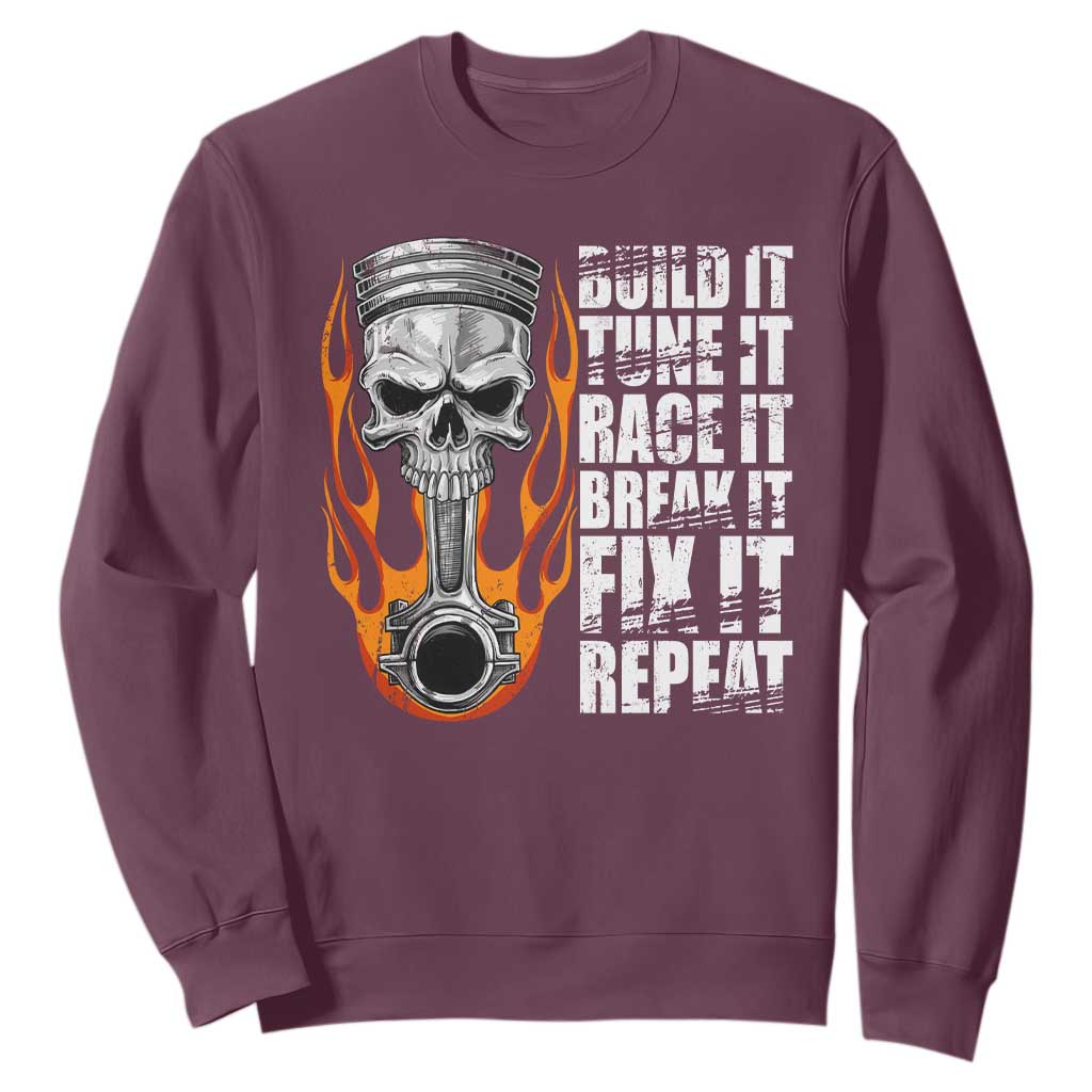 Racing Car Sweatshirt Build It Tune It Race It Break It TS09 Maroon Print Your Wear