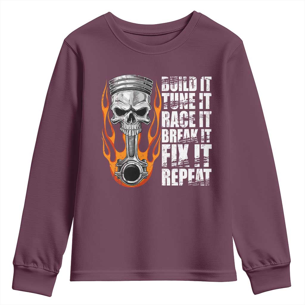Racing Car Youth Sweatshirt Build It Tune It Race It Break It TS09 Maroon Print Your Wear