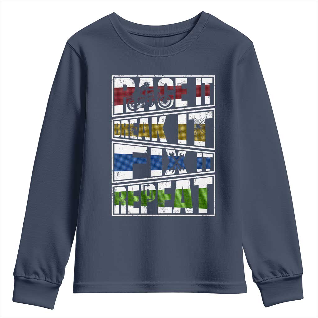 Racing Youth Sweatshirt Race It Break It Fix It Repeat Racer TS09 Navy Print Your Wear