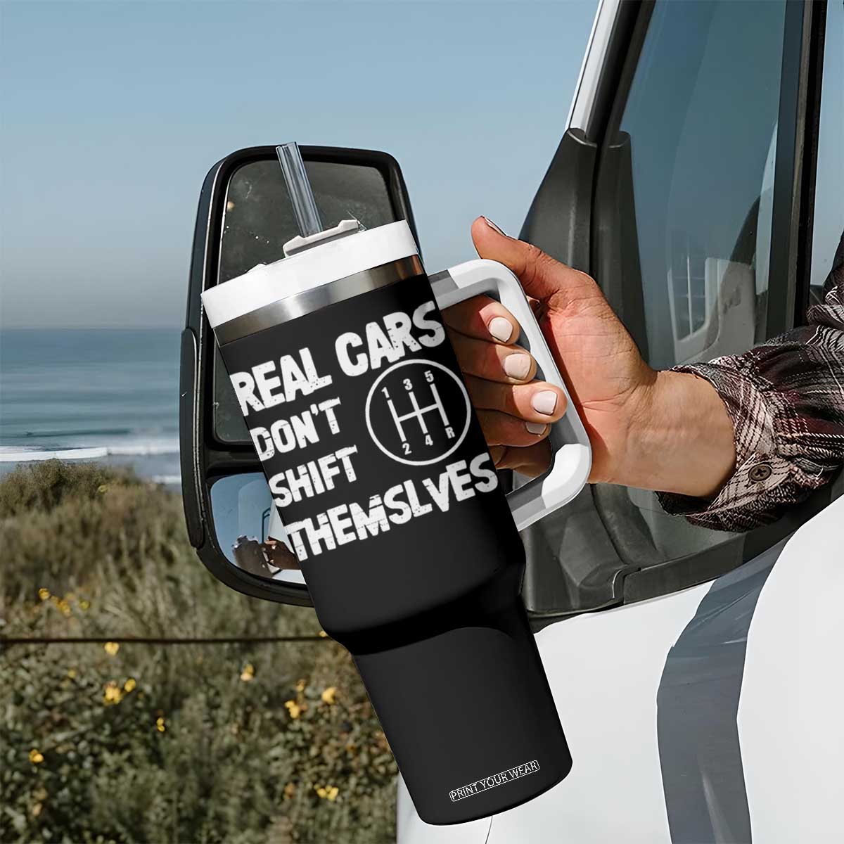 Racing Car Tumbler With Handle Real Cars Don't Shift Themselves TS09 Print Your Wear