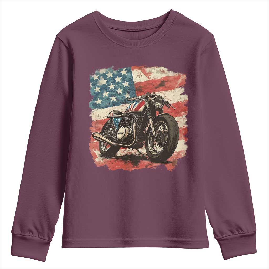 Motorcycle USA Flag Retro Biker Youth Sweatshirt TS09 Maroon Print Your Wear