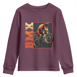 BMX Cyclist Bicycle Youth Sweatshirt Funny Dinosaur Riding TS09 Maroon Print Your Wear