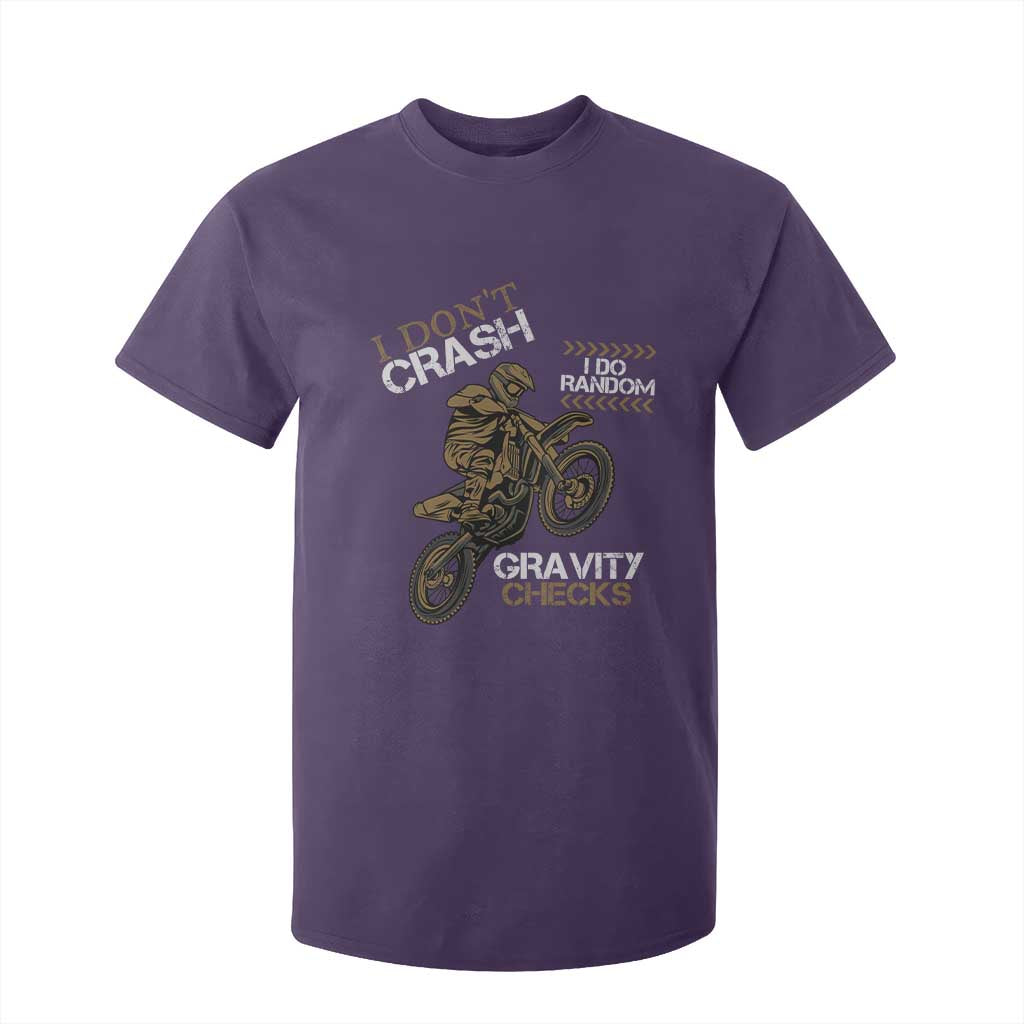 Dirt Bike T Shirt For Kid I Don't Crash I Do Random Gravity Checks TS09 Purple Print Your Wear