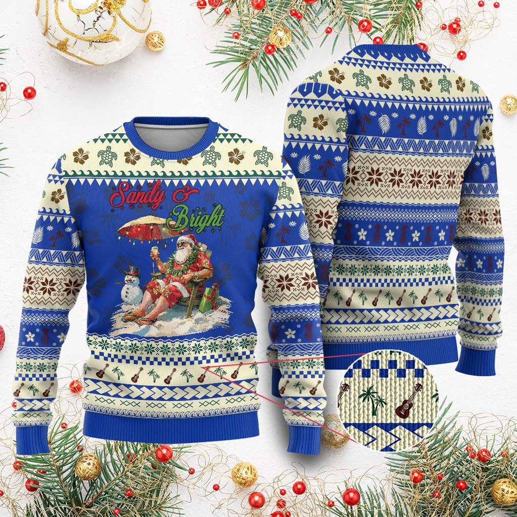 Tropical Xmas Ugly Christmas Sweater Sandy And Bright Santa At The Beach TS09 Blue Print Your Wear