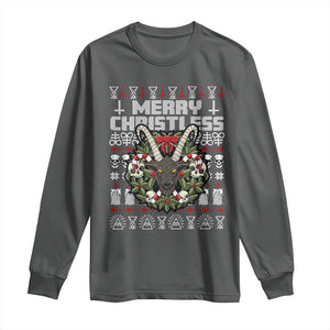 Anti Christmas Long Sleeve Shirt Merry Christless Satan Baphomet Wreath TS09 Dark Heather Print Your Wear