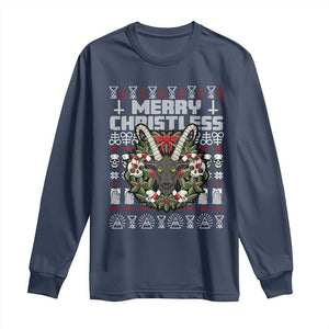 Anti Christmas Long Sleeve Shirt Merry Christless Satan Baphomet Wreath TS09 Navy Print Your Wear