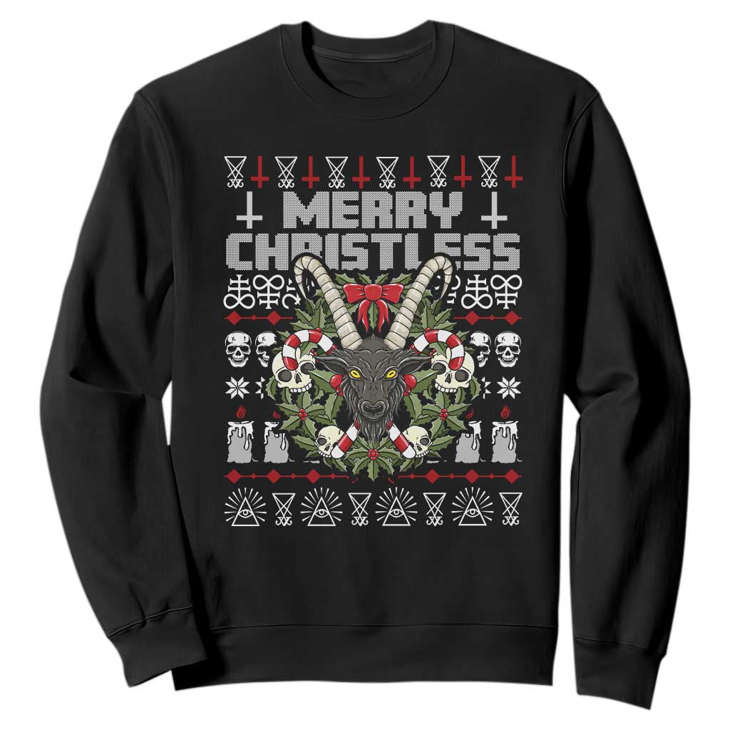 Anti Christmas Sweatshirt Merry Christless Satan Baphomet Wreath TS09 Black Print Your Wear