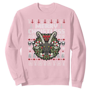 Anti Christmas Sweatshirt Merry Christless Satan Baphomet Wreath TS09 Light Pink Print Your Wear