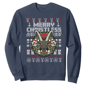 Anti Christmas Sweatshirt Merry Christless Satan Baphomet Wreath TS09 Navy Print Your Wear