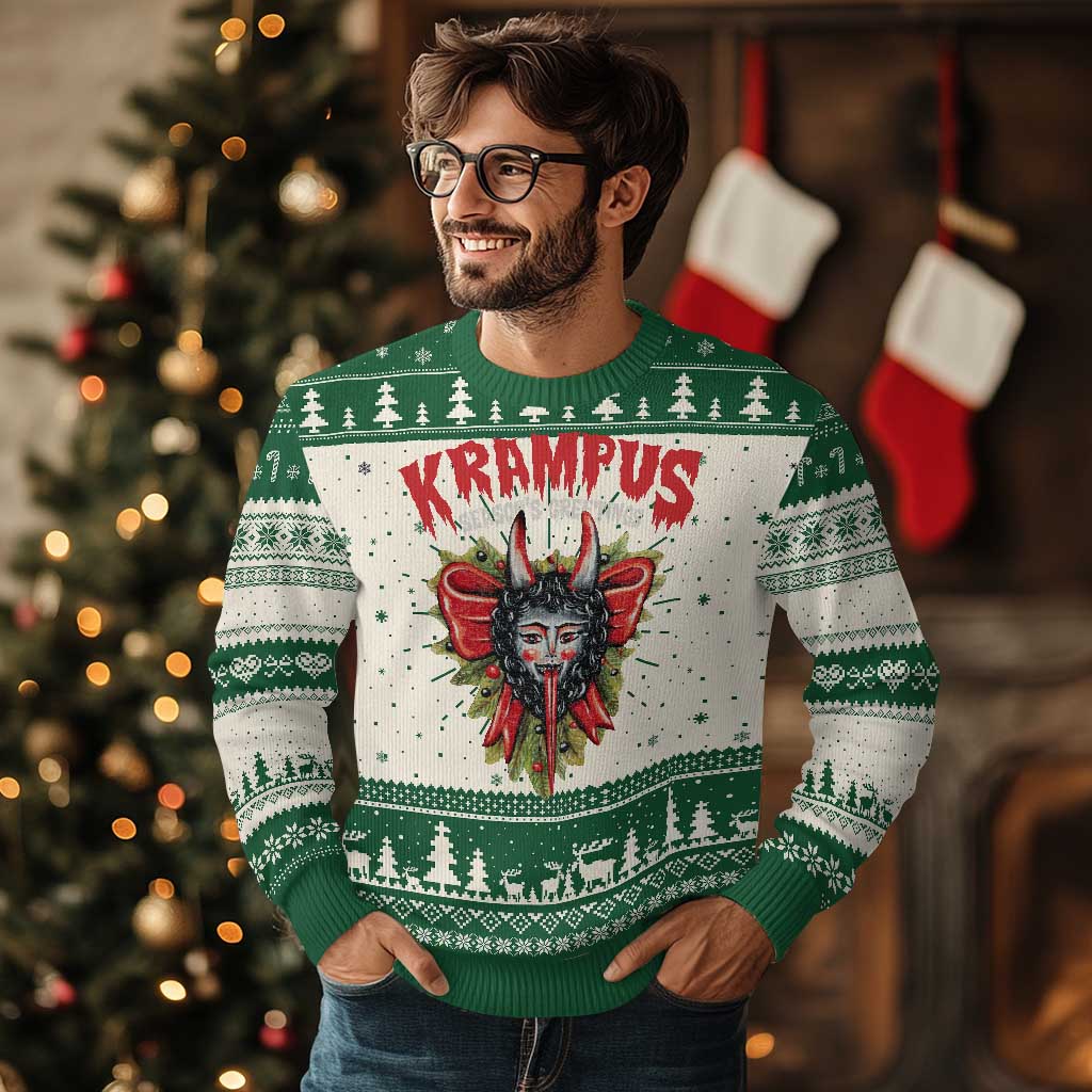 Xmas Krampus Ugly Christmas Sweater Season Greeting Coquette Bow Krampus TS09 Green Print Your Wear