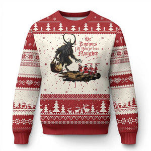 Xmas Krampus Ugly Christmas Sweater He Knows If You've Been Naughty TS09 Red Print Your Wear