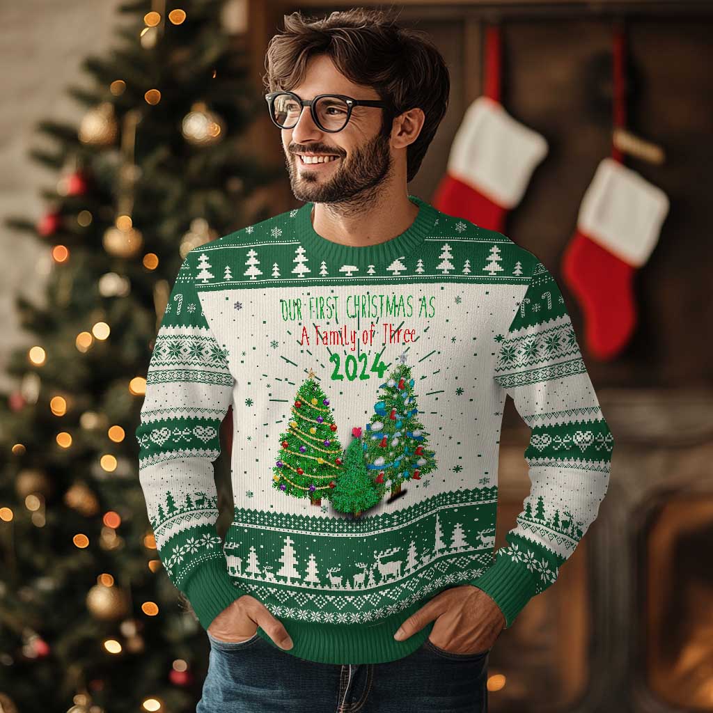 First Christmas As A family Of Three Ugly Christmas Sweater TS09 Green Print Your Wear