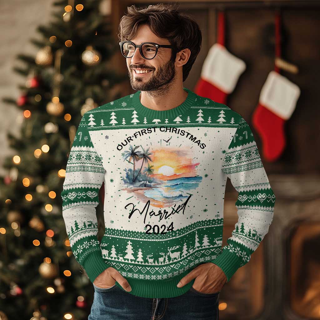 First Christmas Married 2024 Couple Matching Ugly Christmas Sweater TS09 Green Print Your Wear