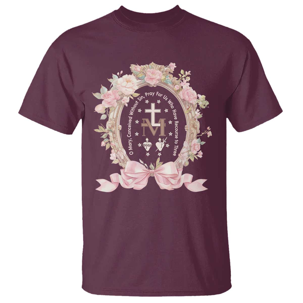 Ave Maria T Shirt Miraculous Medal Blessed Mother Mary Hail TS09 Maroon Print Your Wear