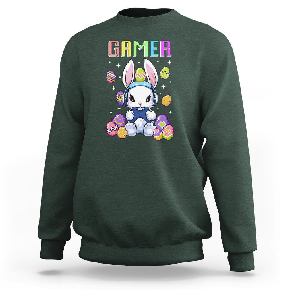 Easter Day Sweatshirt Bunny Gamer Playing Video Game TS09 Dark Forest Green Printyourwear