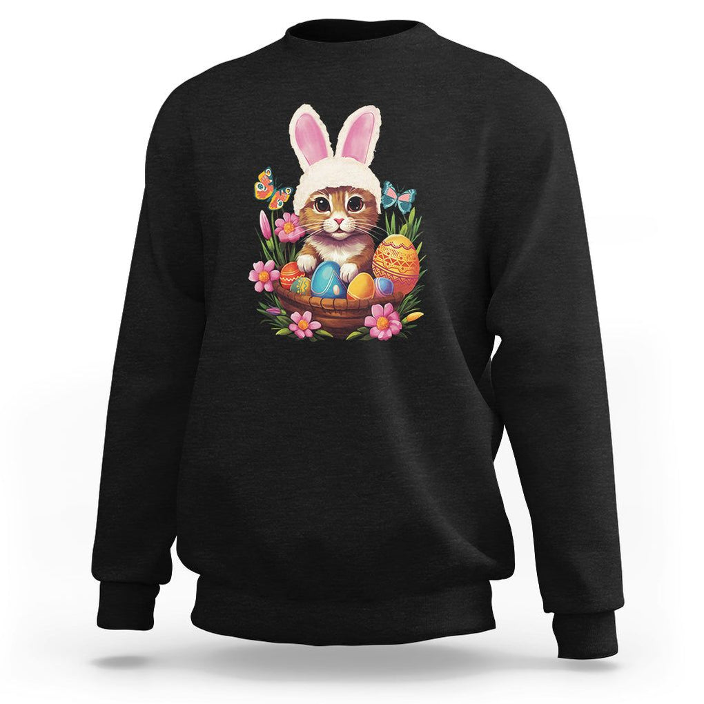Easter Day Sweatshirt Cute Bunny Cat Lover Eggs Basket TS09 Black Printyourwear