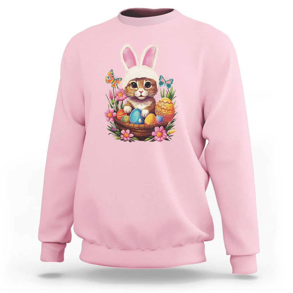 Easter Day Sweatshirt Cute Bunny Cat Lover Eggs Basket TS09 Light Pink Printyourwear