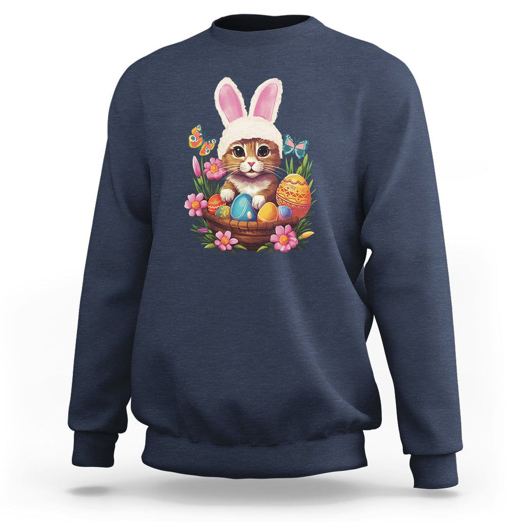 Easter Day Sweatshirt Cute Bunny Cat Lover Eggs Basket TS09 Navy Printyourwear