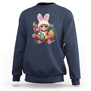 Easter Day Sweatshirt Cute Bunny Cat Lover Eggs Basket TS09 Navy Printyourwear