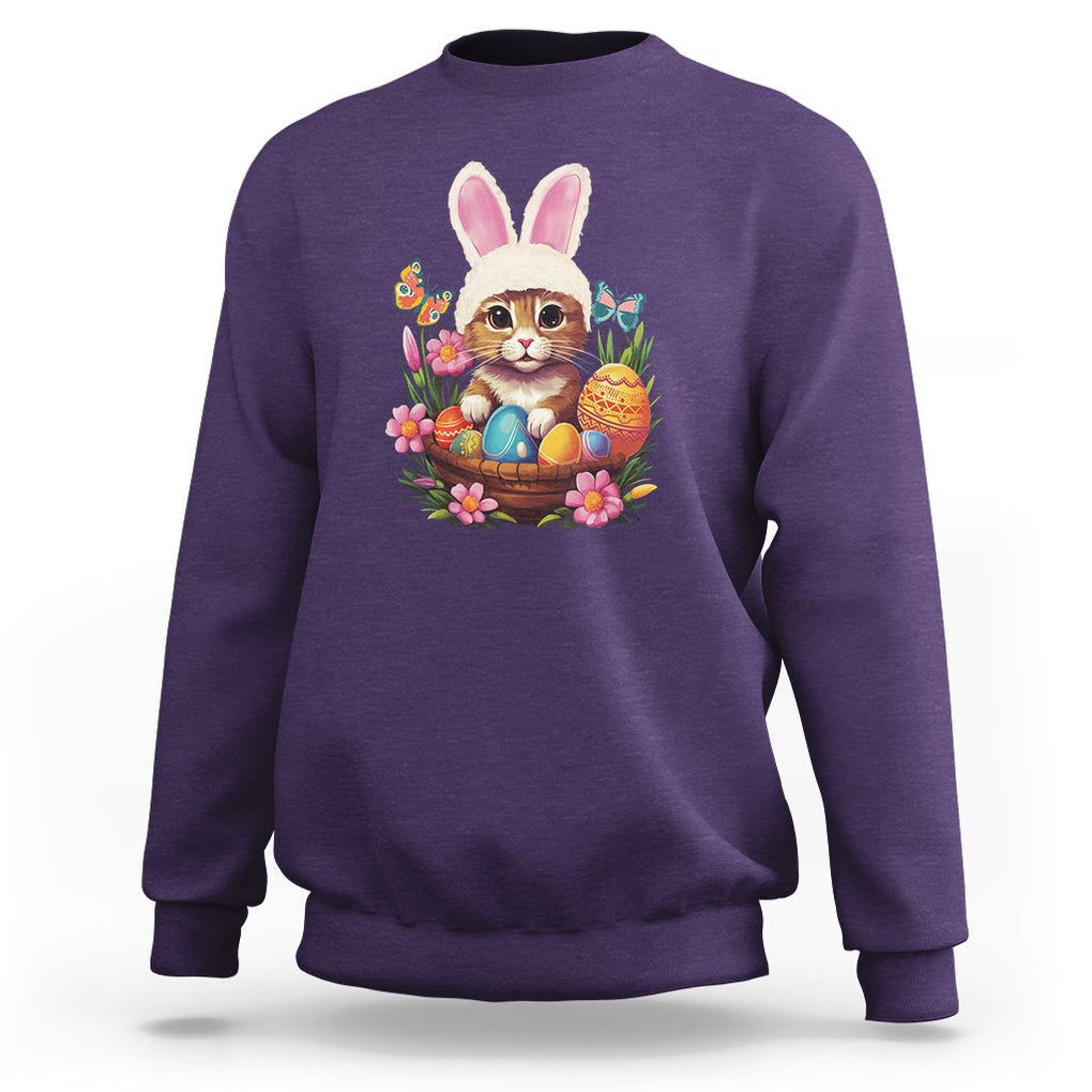 Easter Day Sweatshirt Cute Bunny Cat Lover Eggs Basket TS09 Purple Printyourwear