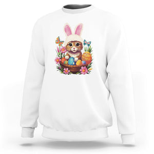 Easter Day Sweatshirt Cute Bunny Cat Lover Eggs Basket TS09 White Printyourwear