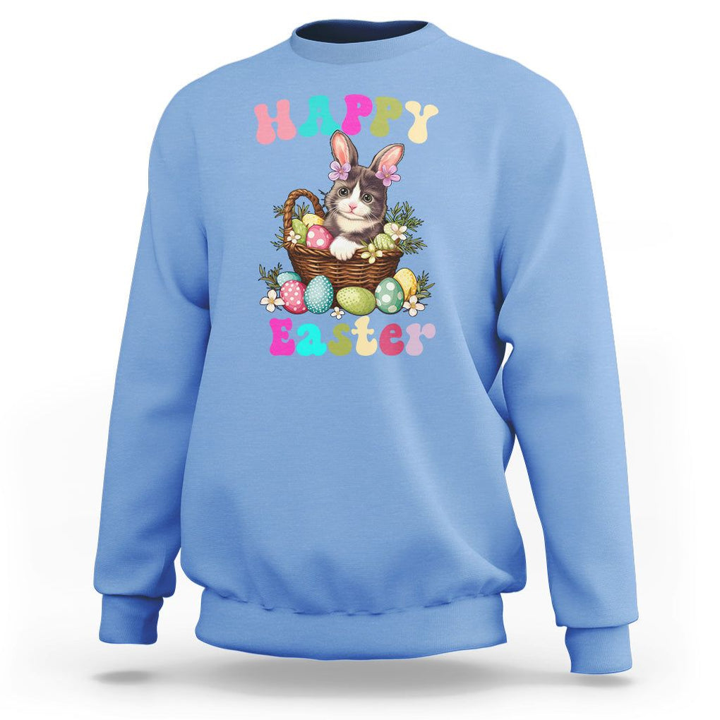 Easter Day Sweatshirt Cute Cat Bunny Costume Egg Basket TS09 Carolina Blue Printyourwear